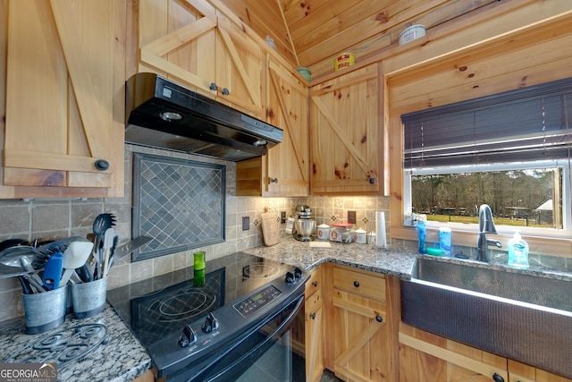 335 Jones Rd, Jefferson, GA 30549 - kitchen with under cabinet range hood, black electric range oven, decorative backsplash, light stone countertops, and light brown cabinetry