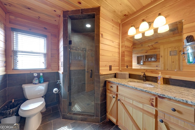 335 Jones Rd, Jefferson, GA 30549 - bathroom featuring vanity, a stall shower, wood walls, wood ceiling, and tile walls