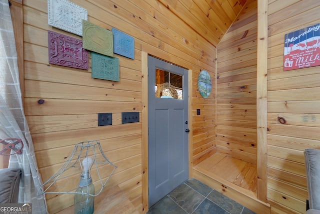 335 Jones Rd, Jefferson, GA 30549 - doorway to outside with wood walls and lofted ceiling