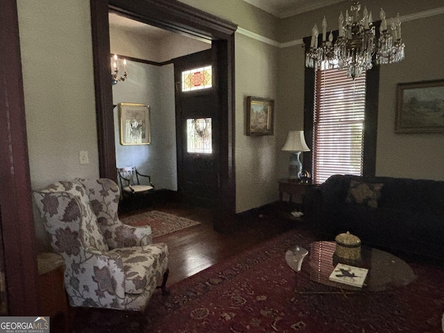 320 E 3rd Ave, Rome, GA 30161 - living area featuring a chandelier, ornamental molding, wood finished floors, and plenty of natural light