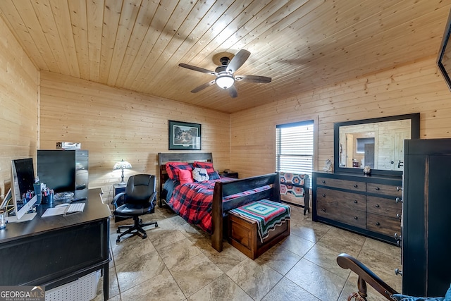 339 Jones Rd, Jefferson, GA 30549 - bedroom featuring wooden walls, wooden ceiling, a desk, and ceiling fan