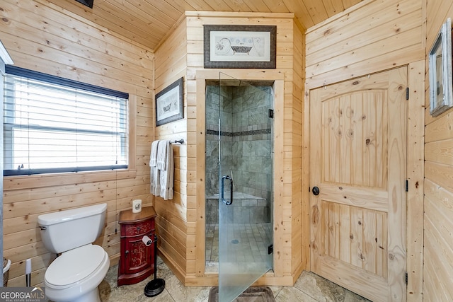 339 Jones Rd, Jefferson, GA 30549 - bathroom with wooden walls, wooden ceiling, a shower stall, and tile patterned floors
