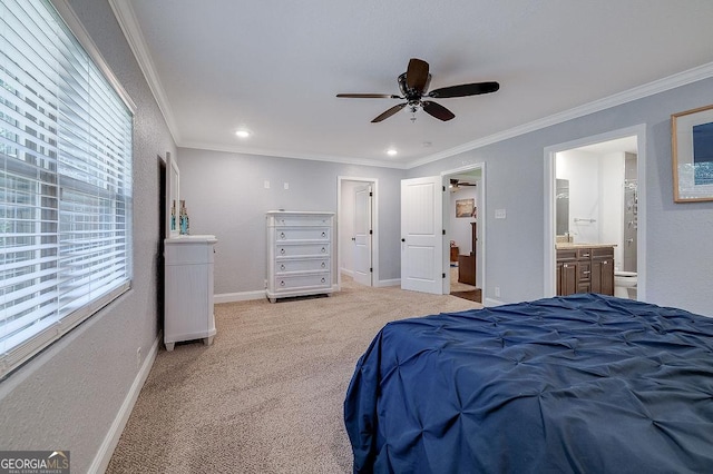 281 Noel C Conaway Rd, Guyton, GA 31312 - carpeted bedroom with crown molding, recessed lighting, connected bathroom, and a ceiling fan