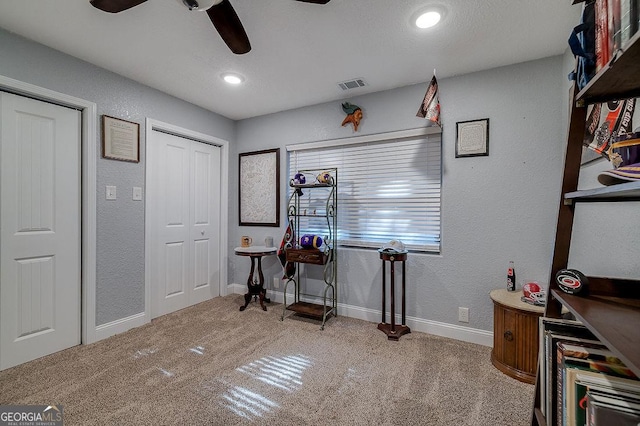 281 Noel C Conaway Rd, Guyton, GA 31312 - carpeted home office featuring a ceiling fan, a textured wall, and recessed lighting