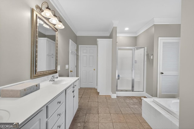 103 W Second St, Greensboro, GA 30642 - bathroom with ornamental molding, a shower stall, double vanity, a bath, and recessed lighting