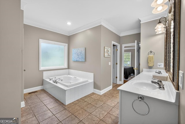 103 W Second St, Greensboro, GA 30642 - bathroom featuring a jetted tub, double vanity, and ornamental molding
