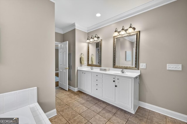 103 W Second St, Greensboro, GA 30642 - bathroom featuring double vanity, crown molding, a tub, and recessed lighting