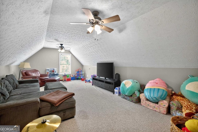 103 W Second St, Greensboro, GA 30642 - recreation room with carpet flooring, a textured ceiling, ceiling fan, and vaulted ceiling