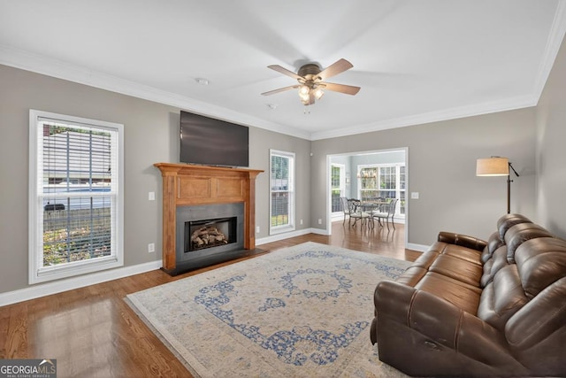 103 W Second St, Greensboro, GA 30642 - living room with a ceiling fan, wood finished floors, crown molding, and a fireplace