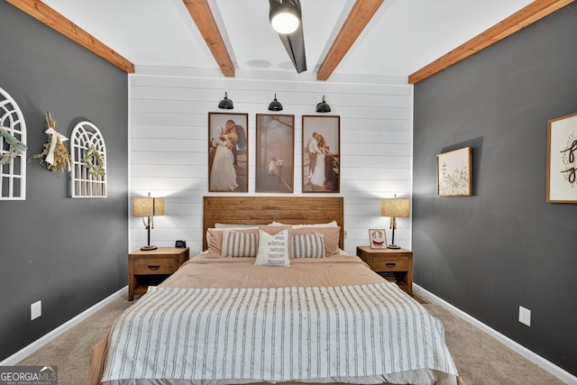 1724 Cedar Grove Church Rd, Winder, GA 30680 - bedroom with carpet floors, beam ceiling, and wooden walls