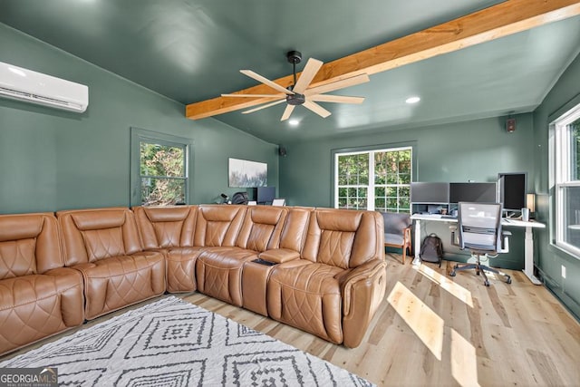 1724 Cedar Grove Church Rd, Winder, GA 30680 - living room with an AC wall unit, ceiling fan, a desk, wood finished floors, and healthy amount of natural light