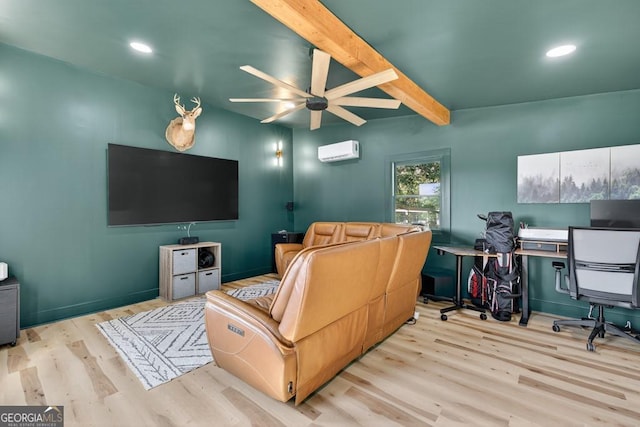 1724 Cedar Grove Church Rd, Winder, GA 30680 - cinema featuring wood finished floors, a ceiling fan, an AC wall unit, recessed lighting, and beamed ceiling