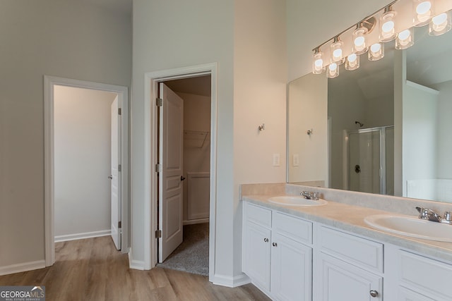 70 Trinity Ln, Covington, GA 30016 - bathroom with a stall shower, wood finished floors, double vanity, and a spacious closet