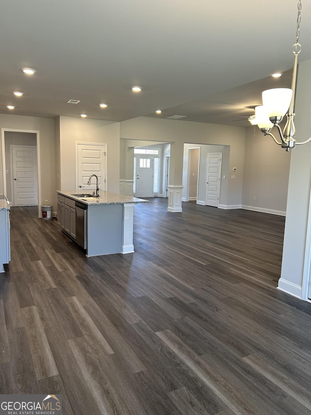 1179 Barrington Place Way, Macon, GA 31220 - kitchen with open floor plan, stainless steel dishwasher, a chandelier, recessed lighting, and dark wood finished floors