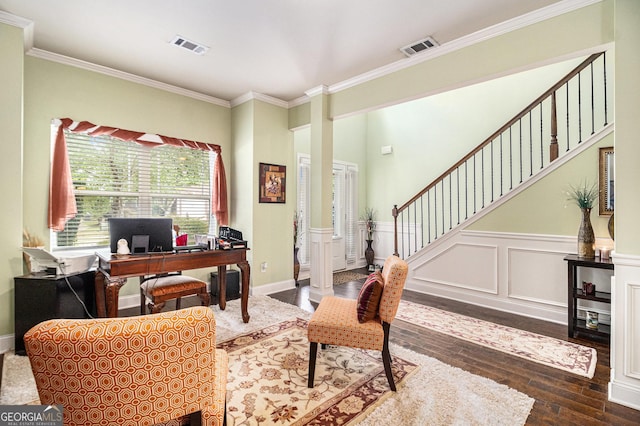 94 Torero Trl, Newnan, GA 30263 - office space with ornate columns, hardwood / wood-style floors, crown molding, and wainscoting