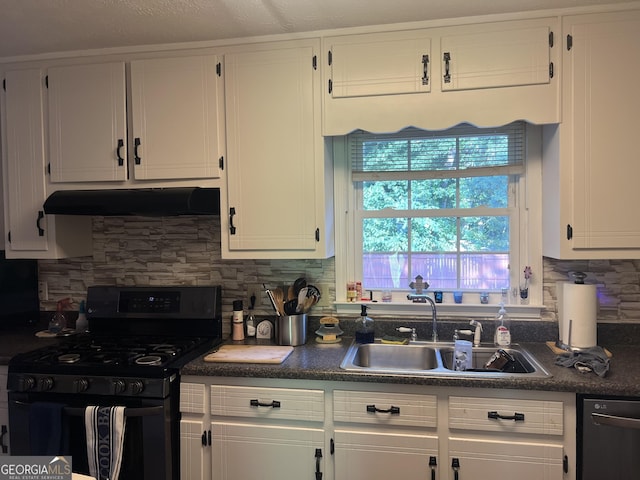 2203 Honeybee Creek Dr, Griffin, GA 30224 - kitchen with black gas range, extractor fan, dark countertops, white cabinets, and backsplash
