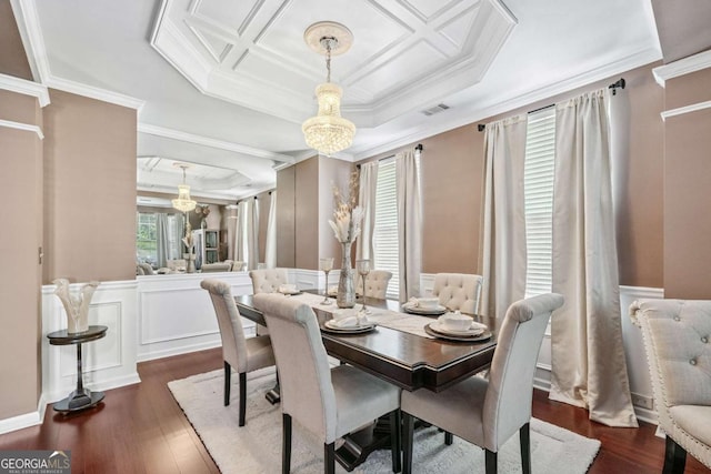1146 Simonton Peak Way, Lawrenceville, GA 30045 - dining space with a decorative wall, coffered ceiling, crown molding, dark wood-style flooring, and wainscoting