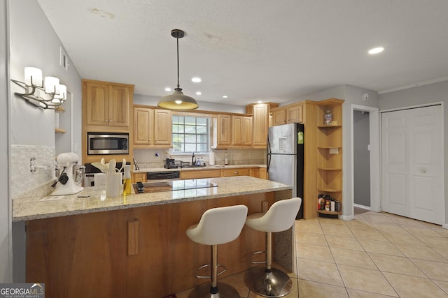 631 Valleybrook Rd, Savannah, GA 31419 - kitchen with stainless steel appliances, open shelves, a peninsula, tasteful backsplash, and light stone counters