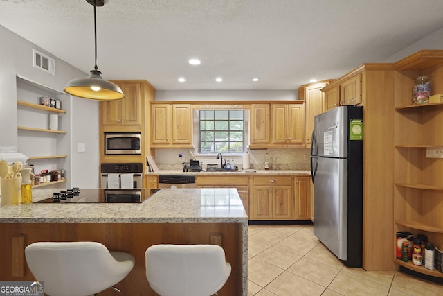 631 Valleybrook Rd, Savannah, GA 31419 - kitchen featuring open shelves, appliances with stainless steel finishes, a peninsula, light tile patterned floors, and recessed lighting