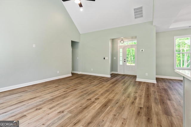 148 David Elder Rd, Griffin, GA 30223 - unfurnished room featuring ceiling fan, high vaulted ceiling, and wood finished floors