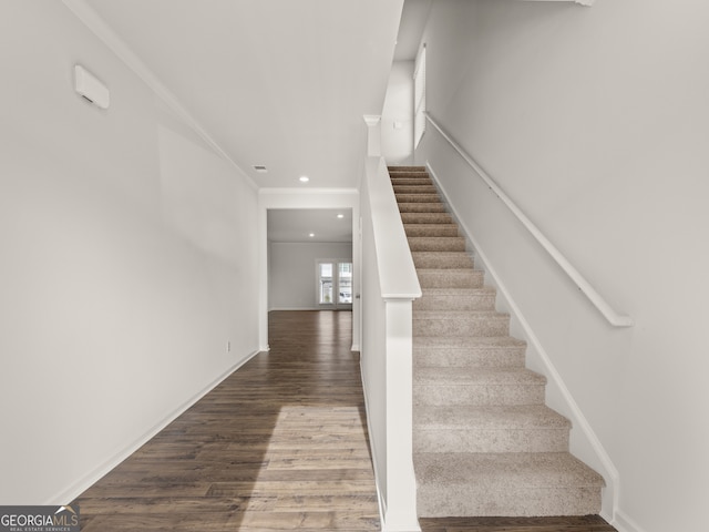 410 Oak View Ln, Dallas, GA 30157 - stairs with wood finished floors, recessed lighting, and crown molding