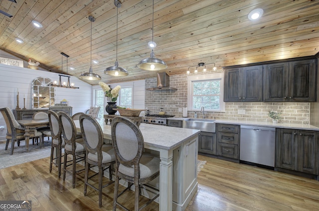 198 Hillcrest Dr, Calhoun, GA 30701 - kitchen featuring dishwasher, wall chimney exhaust hood, healthy amount of natural light, wooden ceiling, and light wood finished floors