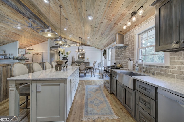 198 Hillcrest Dr, Calhoun, GA 30701 - kitchen featuring stainless steel range, dishwasher, range hood, wooden ceiling, and a kitchen breakfast bar