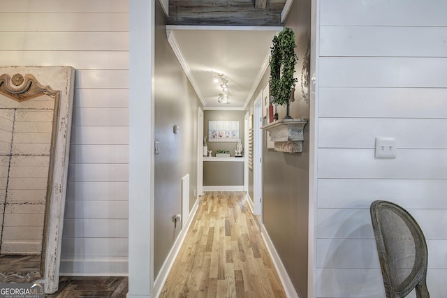 198 Hillcrest Dr, Calhoun, GA 30701 - corridor featuring ornamental molding, wood finished floors, and wood walls