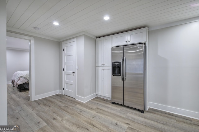 198 Hillcrest Dr, Calhoun, GA 30701 - kitchen with stainless steel fridge with ice dispenser, wood ceiling, light wood-type flooring, recessed lighting, and white cabinets