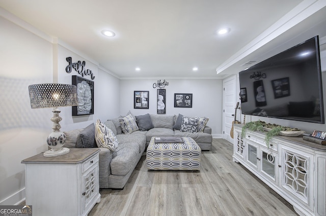 198 Hillcrest Dr, Calhoun, GA 30701 - living room with recessed lighting, light wood-style floors, and ornamental molding