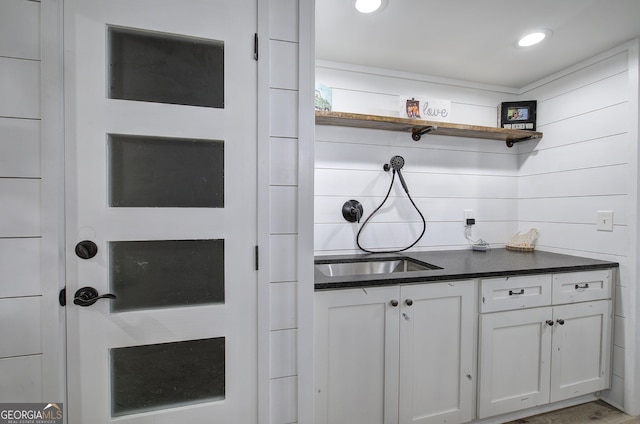 198 Hillcrest Dr, Calhoun, GA 30701 - kitchen featuring dark countertops, white cabinetry, open shelves, and recessed lighting