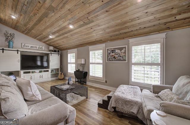 198 Hillcrest Dr, Calhoun, GA 30701 - living area featuring lofted ceiling, a barn door, wood ceiling, recessed lighting, and light wood finished floors