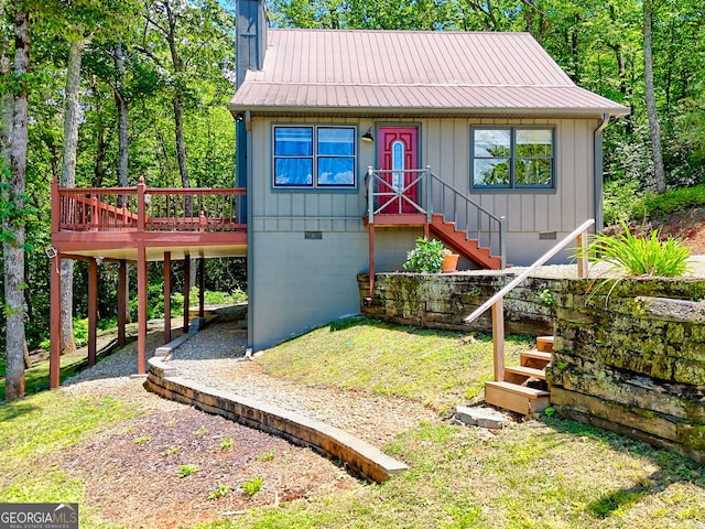 967 Saddle Gap Dr, Clayton, GA 30525 - view of front of house with a metal roof, stairs, crawl space, and a wooden deck
