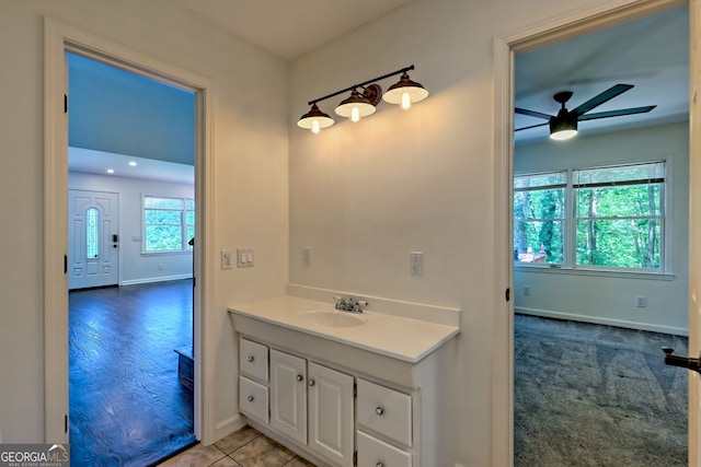 967 Saddle Gap Dr, Clayton, GA 30525 - bathroom with ceiling fan, vanity, and recessed lighting