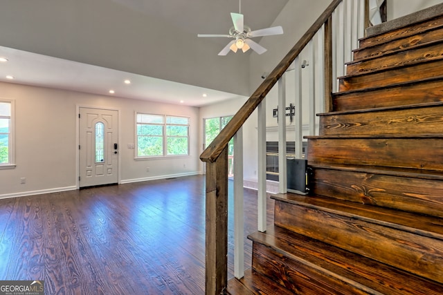967 Saddle Gap Dr, Clayton, GA 30525 - foyer entrance with stairway, plenty of natural light, recessed lighting, dark wood-style flooring, and ceiling fan