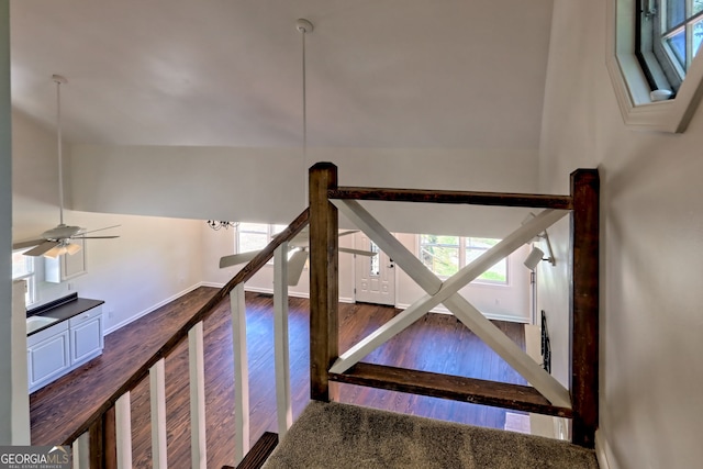 967 Saddle Gap Dr, Clayton, GA 30525 - stairway with wood finished floors and a ceiling fan