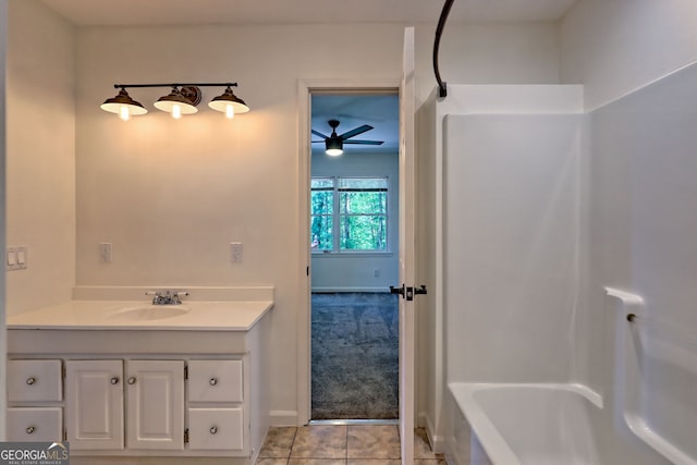 967 Saddle Gap Dr, Clayton, GA 30525 - full bathroom featuring ceiling fan, tile patterned flooring, vanity, and shower / bathtub combination