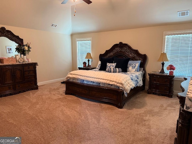 173 Lavender Way, Mcdonough, GA 30252 - bedroom featuring light colored carpet, lofted ceiling, and ceiling fan