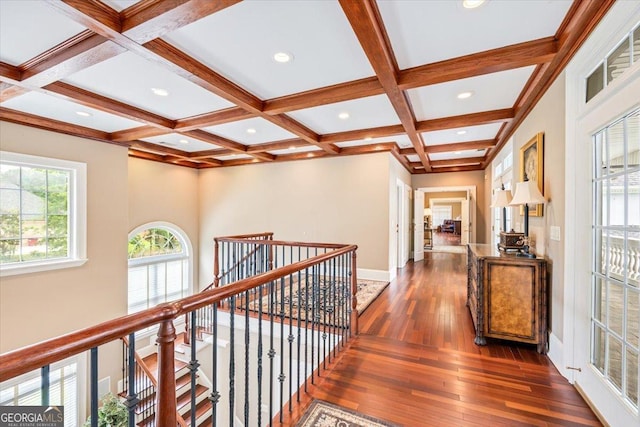 311 N Rivoli Farms Dr, Macon, GA 31210 - hall featuring an upstairs landing, dark wood finished floors, coffered ceiling, beam ceiling, and recessed lighting