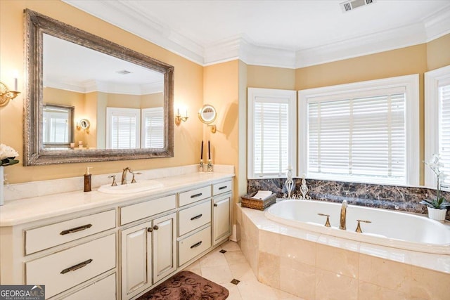 311 N Rivoli Farms Dr, Macon, GA 31210 - full bath featuring vanity, a bath, healthy amount of natural light, ornamental molding, and tile patterned flooring