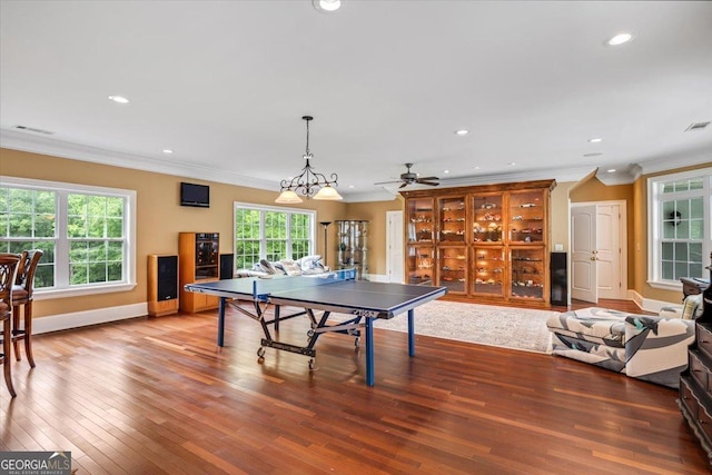 311 N Rivoli Farms Dr, Macon, GA 31210 - recreation room with ornamental molding, wood finished floors, recessed lighting, and a ceiling fan
