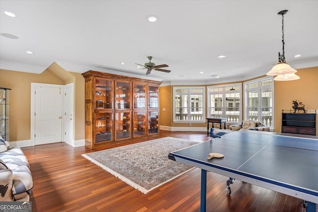311 N Rivoli Farms Dr, Macon, GA 31210 - playroom featuring crown molding, ceiling fan, wood finished floors, and recessed lighting