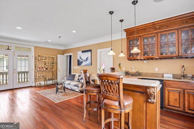 311 N Rivoli Farms Dr, Macon, GA 31210 - indoor wet bar with dishwasher, dark wood-style floors, crown molding, pendant lighting, and french doors