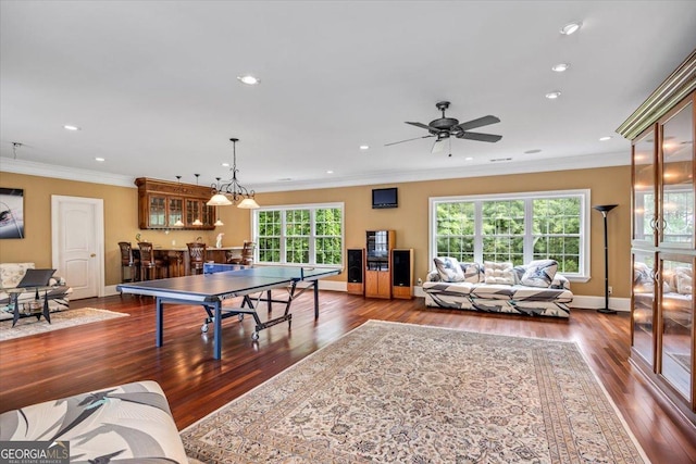 311 N Rivoli Farms Dr, Macon, GA 31210 - recreation room with crown molding, dark wood-style flooring, recessed lighting, and a ceiling fan