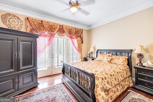 311 N Rivoli Farms Dr, Macon, GA 31210 - bedroom featuring access to exterior, wood finished floors, ornamental molding, and a ceiling fan