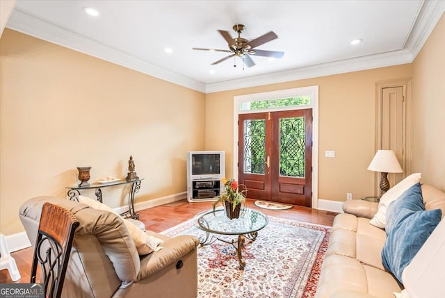 311 N Rivoli Farms Dr, Macon, GA 31210 - living room with wood finished floors, a ceiling fan, ornamental molding, and recessed lighting