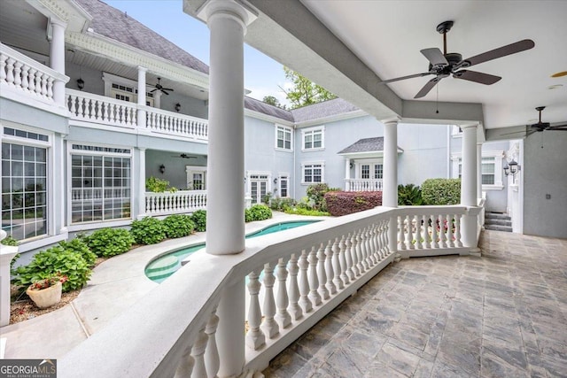 311 N Rivoli Farms Dr, Macon, GA 31210 - patio / terrace with ceiling fan and an outdoor pool