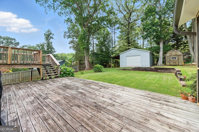 4829 Caboose Ln NW, Acworth, GA 30102 - wooden terrace featuring a storage shed, a garage, a fenced backyard, and stairs