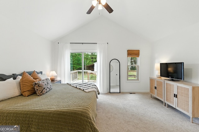 4829 Caboose Ln NW, Acworth, GA 30102 - bedroom featuring access to exterior, vaulted ceiling, light carpet, and a ceiling fan