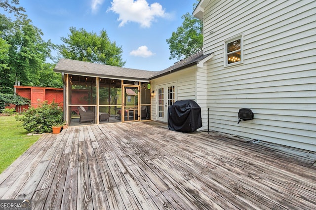 4829 Caboose Ln NW, Acworth, GA 30102 - wooden terrace featuring a grill, a sunroom, and french doors